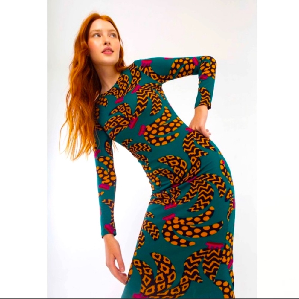 Farm Rio / NOWT Teal Banana Midi Dress In Multi XS